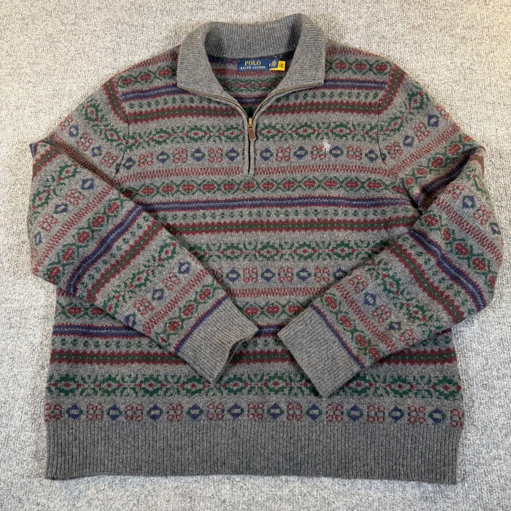 Polo Ralph Lauren Mens XL Grey Fair Isle Wool Cashmere Quarter Zip Sweater #2908 - Picture 2 of 6